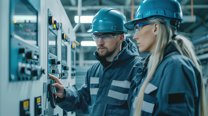 Two engineers in a modern industrial facility, focused on operating and monitoring control panels - AI Generated Digital Art