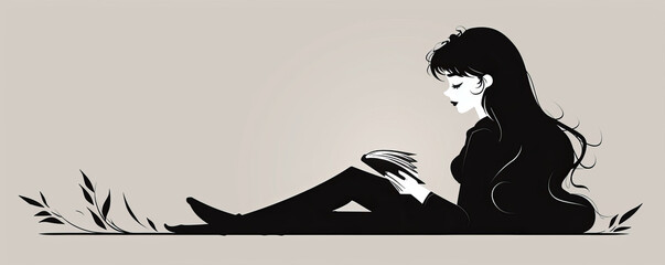 Illustration of a woman reading a book, sitting casually with her legs stretched out. Minimalist art style with a neutral background.