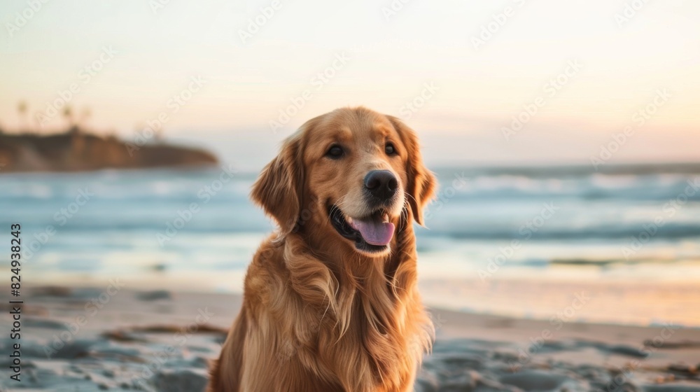 Poster an adorable dog sitting on a beach, with the ocean waves in the background and a joyful expression o