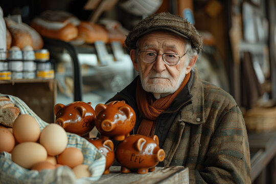 Anciano abrigado canoso en una tienda de alimentaci&oacute;n, dejando sus alcanc&iacute;as en forma de cerdito para poder pagar. Consternaci&oacute;n, humilde, bajos recursos, jubilado, sector vulnerable de la poblaci&oacute;n
