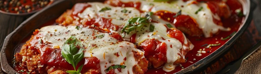 Chicken parmigiana, breaded chicken with marinara sauce and melted cheese, familystyle ItalianAmerican restaurant