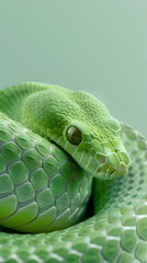 Obraz premium a beautiful bright green snake on a green background.