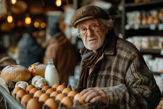Se&ntilde;or mayor, canoso, jubilado, vulnerable, comprando comida, cara de preocupaci&oacute;n, alto coste de la vida, leche, pan, huevos, lleva alcanc&iacute;as, cerditos, pagar con sus ahorros, abrigado, vista lateral