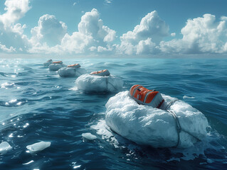 Grupo de iceberg enorme de hielo siendo rescatados en el océano con salvavidas de plástico hinchable gigantes naranja concepto gráfico sobre problemática del calentamiento global, pateras encadenadas