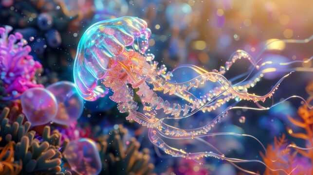 Transparent jellyfish in deep blue sea, World Oceans Day jellyfish close-up concept illustration. Generative AI