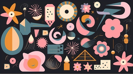 Fototapeta premium Set of abstract retro geometric shapes vector. Collection of contemporary figure, sparkle, arrow, flower in 70s groovy style