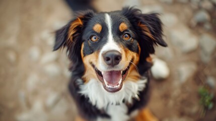 An adorable dog with floppy ears and a wagging tail, sitting obediently and looking up at the camera with a happy smile.