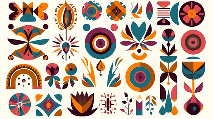 Set of abstract retro geometric shapes vector. Collection of contemporary figure, sparkle, arrow, flower in 70s groovy style