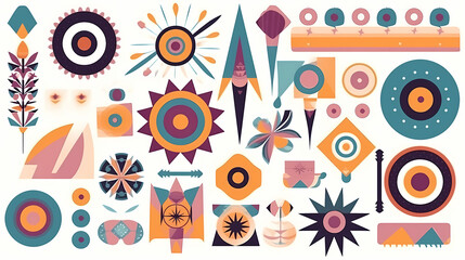 Set of abstract retro geometric shapes vector. Collection of contemporary figure, sparkle, arrow, flower in 70s groovy style