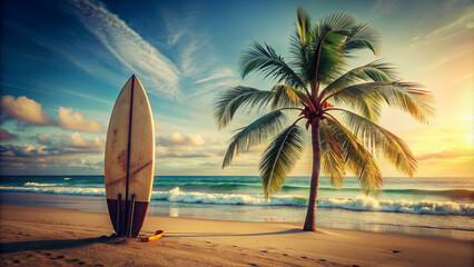 surfboard-and-palm-tree-on-beach-with-beach-sign