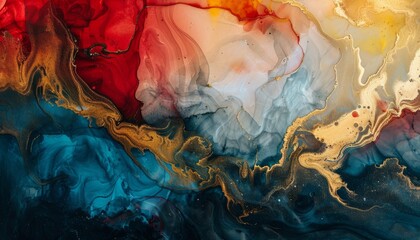 Vibrant Swirls: A Stunning Abstract Marble Painting in Black, Gold, Red, and Blue Colors