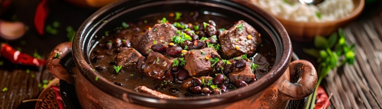 Feijoada, Brazilian black bean stew with pork, served in a clay pot, lively festival in Rio de Janeiro