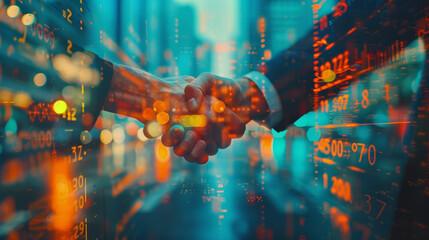 A creative double exposure shot combining a close-up of a business handshake with abstract financial charts, taken using a 35mm F1.2 lens, with refined details and vibrant colors processed in LR+PS,