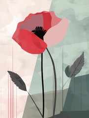 Stylized Illustration of a Red Poppy Flower on Abstract Background