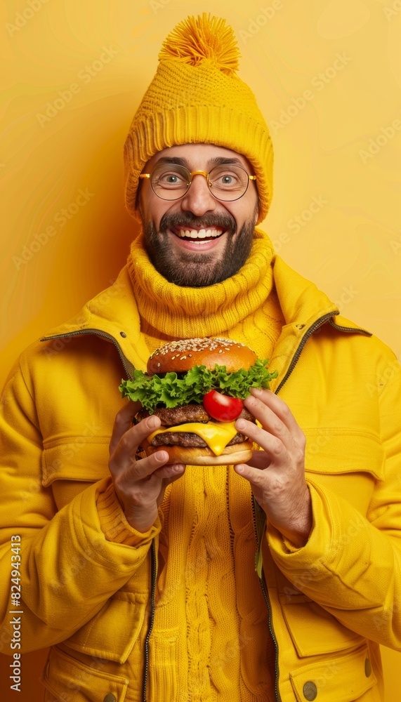 Aufkleber Man savoring delicious burger on soft background with ample space for text placement
