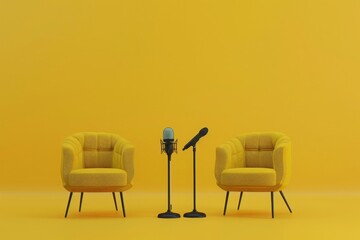 two chairs and microphones in podcast or interview room isolated on solid yellow background as a wide banner for media conversations or podcast streamers concepts