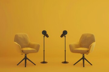 two chairs and microphones in podcast or interview room isolated on solid yellow background as a wide banner for media conversations or podcast streamers concepts