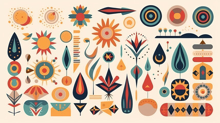 Fototapeta premium Set of abstract retro geometric shapes vector. Collection of contemporary figure, sparkle, arrow, flower in 70s groovy style