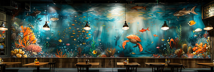 captivating printable graffiti artwork of a surreal underwater world ideal for transforming the walls of a seafood restaurant's dining area immersing diners in an aquatic dining experience