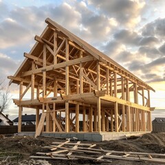 Fototapeta premium Wooden frame construction with truss, post, and beams in progress for new wood house manufacturing