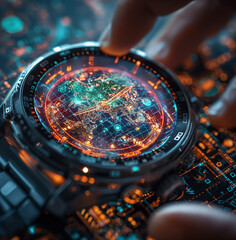 Futuristic technology innovation, Person using smartwatch with brain representing artificial intelligence interface.
