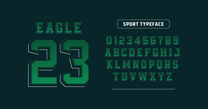Varsity Style Jersey Design: Eagle 23. Classic varsity look with green hues. Includes digits 0-9 and uppercase letters A-Z. Perfect for custom sports jerseys and team apparel.
