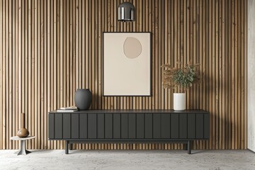 Interior of modern living room with dark gray sideboard over white wall with wooden paneling. Contemporary room with dresser. Home design with poster. 3d rendering