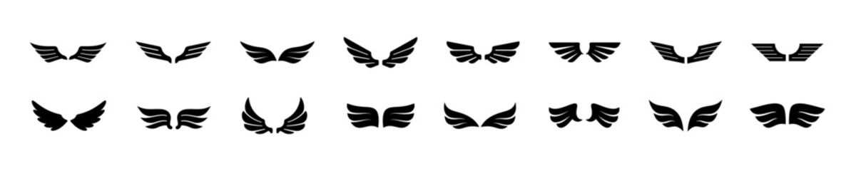 Wing icon. Angel wings set. Isolated fly symbol on white background.
