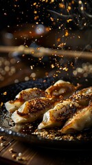 Gyoza, panfried dumplings, dipping sauce on the side, lively Japanese izakaya