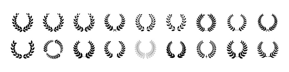 Laurel wreath. Olive branch icon. Greek wreath sign. Roman laurel symbol. Olive leaf award vector set. Film festival ceremony award. © Precious