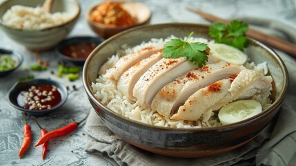 Hainanese chicken rice, poached chicken with fragrant rice, popular Singapore hawker center