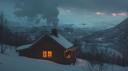 Cozy Cabin Evening in Snowy Fjord