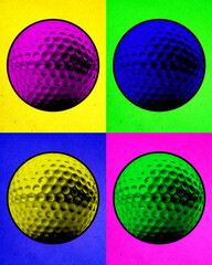 Collage with gold textured balls in different colors against multicolored background. Contemporary art collage. Concept of sport, hobby, leisure activity. Colorful creative design. Pop art