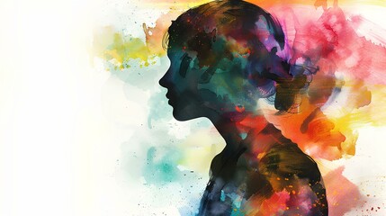 A powerful image of a woman's silhouette, portraying the weight of mental health disorder, merged with expressive watercolor elements, captured in high definition. - Powered by Adobe