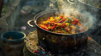 Iguana stew, traditional Caribbean dish, vibrant street party in the Bahamas