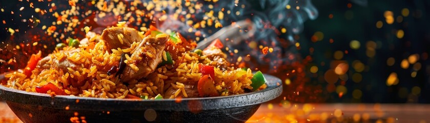 Jollof rice, spicy and colorful with chicken and vegetables, festive West African celebration