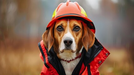 adorable dog wearing firemans hat and red jacket looking at camera cute animal portrait