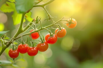 Ripe red cherry tomatoes growing on a lush vine, bathed in warm sunlight with a soft background