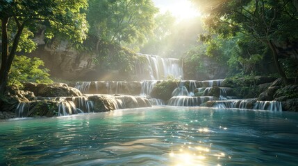 Refreshing Afternoon Escape Sunlight Dappling through Foliage at Erawan Waterfalls