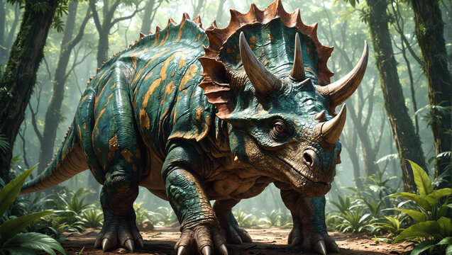 Triceratops in a lush pre-historic jungle, Jurassic or Cretaceous period, dinosaur world, high detail illustration, no AI artifacts