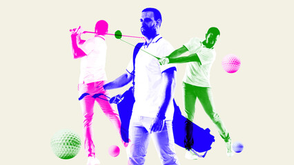 Multiple player, man in sportswear with golf clubs, applying against beige background. Contemporary...