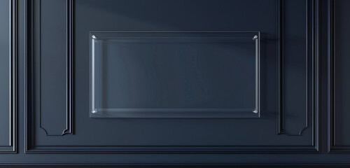 Rectangular name plate in acrylic, blank and hanging on a navy blue wall, transparent background, 3D vector illustration