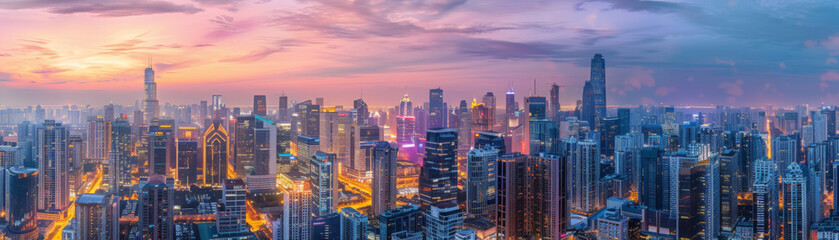 A panoramic view of a bustling city skyline at twilight