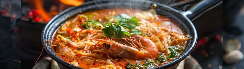 Laksa, spicy noodle soup with seafood, steamy Southeast Asian food market