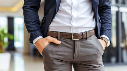 A closeup of the waist and hands in business attire of a businessman, with gray trousers, white shirt, navy blue jacket, brown belt, watch on his wrist