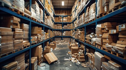 Fototapeta premium The expansive warehouse is packed with numerous boxes and shelves
