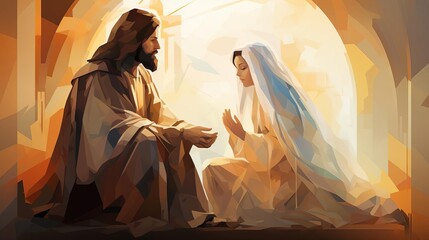 Jesus is kneeling before Mary in the church She is sitting on an armchair with her head raised towards him and Jesuss hand touches his forehead The style is flat design with a whit