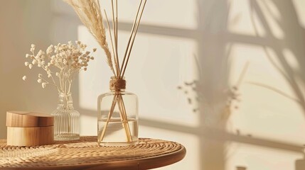 aromatic home fragrance reed diffuser with rattan sticks and decorative glass bottle minimalist still life composition