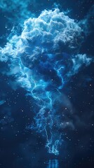 Brain disorder data transforming into a digital storm, Futuristic, Monochrome with Blue Highlights, 3D Render, Symbolizing neural crisis