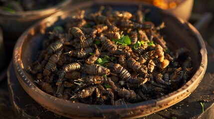 Mopane worms, dried and fried, served as a snack, local Zimbabwean market